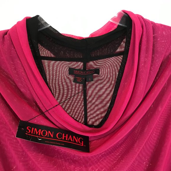 NWT Womens Size Small Simon Change Hot Pink Drape Neck Mesh Pullover Blouse Top - Picture 2 of 3